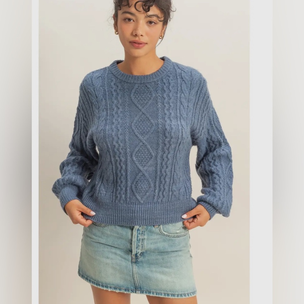 Hyfve, Cable Knit Balloon Sleeve Sweater in Dark Taupe | 0007 - Picture 3 of 6